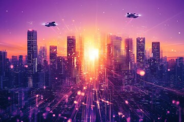 Fototapeta premium Futuristic Cityscape with Flying Vehicles at Sunset