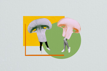 Trend artwork collage template composite sketch of weird abstract picture couple two human legs stand mushroom body eat food strange