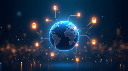 A glowing globe surrounded by floating padlocks and shields, representing global cybersecurity