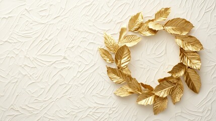 A floral crown made of golden leaves, placed on a cream-colored textured background, soft and elegant.