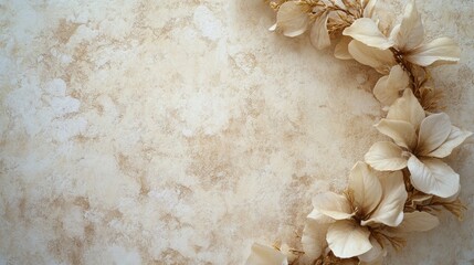 A floral crown made of golden leaves, placed on a cream-colored textured background, soft and elegant.