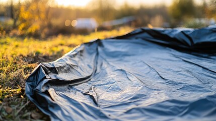 Sunlit Black Plastic Sheet on Grass