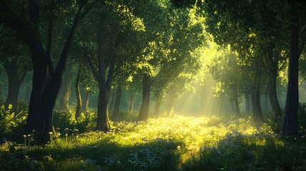 Fototapeta premium Serene sunlit forest grove with vibrant greenery illuminating a tranquil natural landscape in soft golden hues.