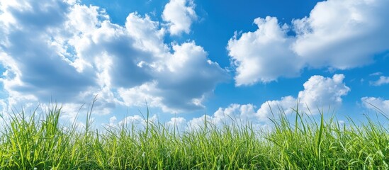 Obraz premium Scenic wilderness landscape featuring lush green grass and bright blue sky with fluffy clouds ideal for nature-themed backgrounds and promotions