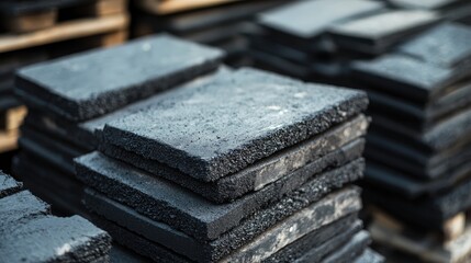 Asphalt Cement Tiles Stacked in Warehouse Ready for Recycling and Sustainable Construction Use