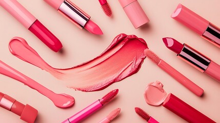 A collection of makeup brushes and lipstick tubes are displayed in a row