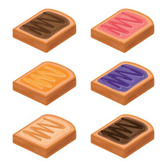 Jam on bread vector illustration. White sliced ​​bread. Delicious toast. Bakery elements. Chocolate, blueberry, peanut, orange, strawberry, caramel flavors.