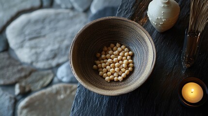 Fototapeta premium Bamboo bowl filled with chickpeas elegantly placed on a rustic stone table enhancing natural textures and earthy tones