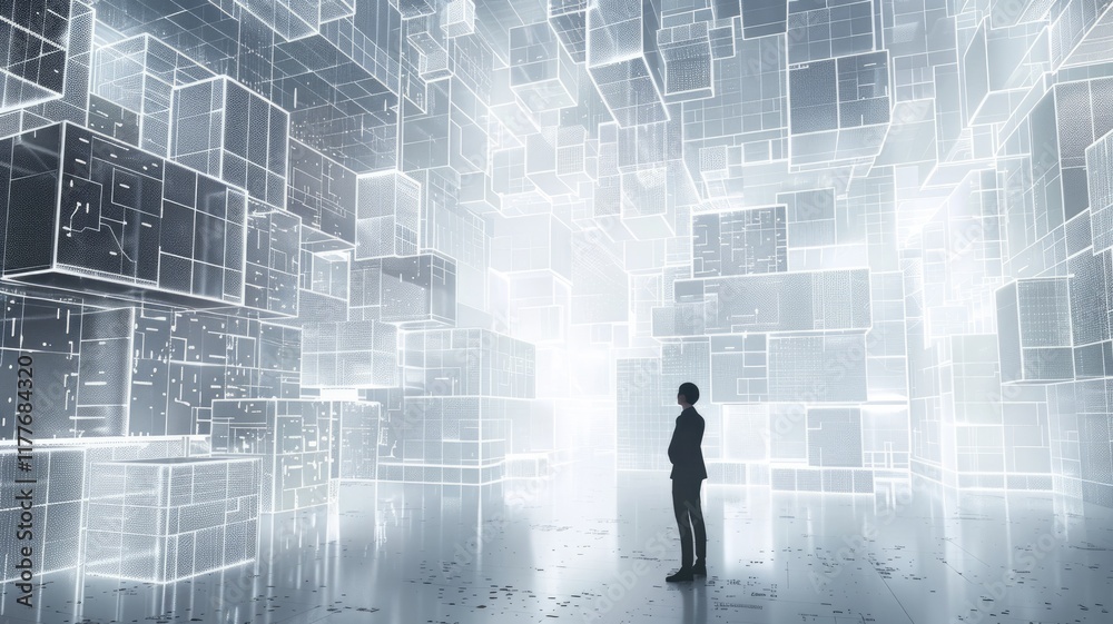 Poster a silhouette of a person interacting with floating data cubes in a bright digital environment, repre