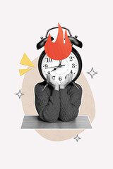 Vertical collage young headless woman alarm clock urgency limit countdown expire deadline schedule...