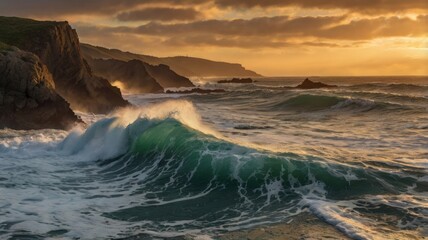 Obraz premium Dramatic sunset over a rocky coastline with crashing waves.