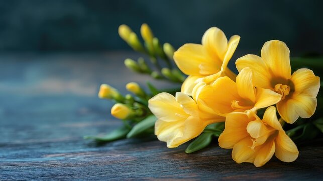 Vibrant yellow freesia flowers elegantly arranged on a wooden table with a dark background ideal for floral or event decoration use - Powered by Adobe