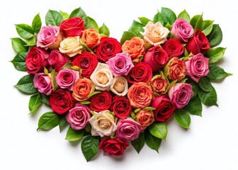 Obraz premium Romantic Red & Pink Rose Heart Arrangement, Valentine's Day Floral Design, White Background