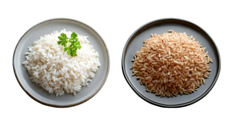 Jasmine rice and brown rice in plate isolated on transparent background