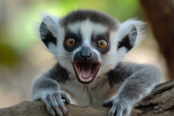 Fototapeta premium A lemur displaying an intense expression amidst natural surroundings, capturing the essence of wildlife.