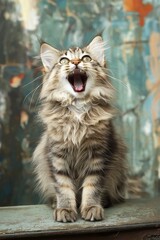 Obraz premium A fluffy cat yawning widely in an artistic display of charm and cuteness, embodying playful serenity.