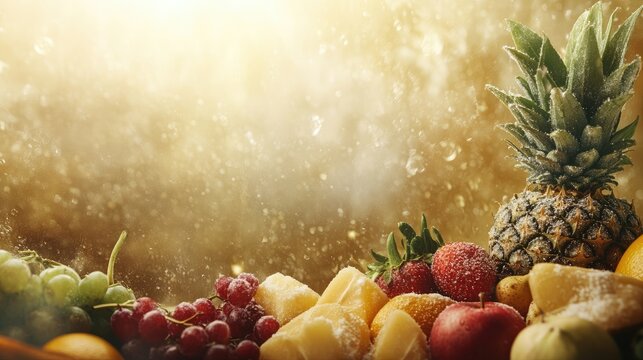 Vibrant assortment of fresh fruits and vegetables with soft background ideal for promotional text or healthy eating messages