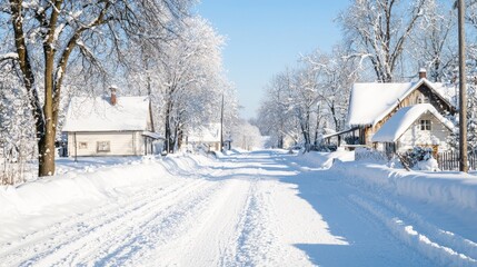Fototapeta premium Snowy Village Street with Traditional Houses and Snow-Covered Trees in Winter