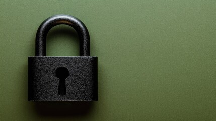 A matte black padlock on a muted olive green background, subtle and refined.