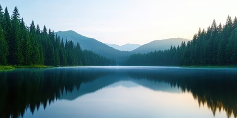 Serene Morning Reflection Over Calm Mountain Lake