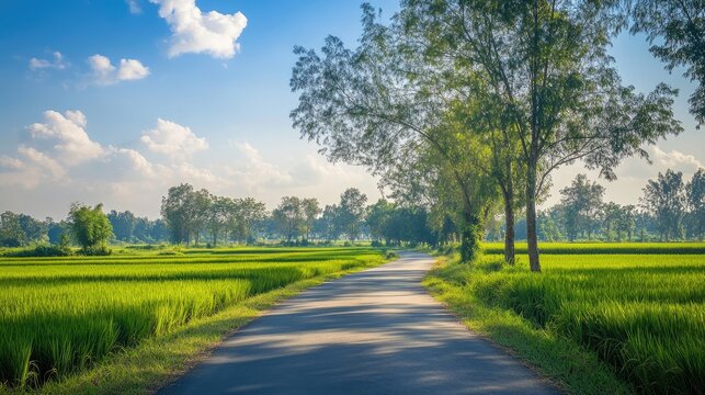 Scenic rural road winding through lush green rice fields and towering trees under a bright blue sky