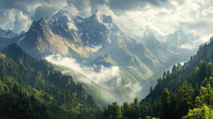Fototapeta premium Majestic mountain landscape showcasing lush greenery and dramatic cloud formations in a serene wilderness setting.