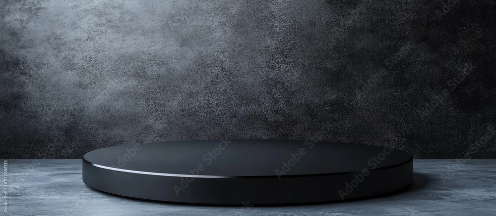 Poster black circular podium with a dark textured background ideal for 3d product display and customizable 