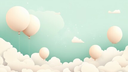 Sky with pastel balloons floating over soft clouds in a serene blue background for dreamy and whimsical designs.