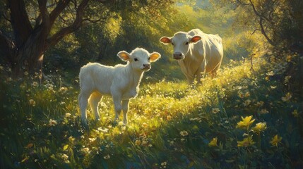 Naklejka premium A playful white bull calf standing next to its mother in a lush green pasture under soft morning light.