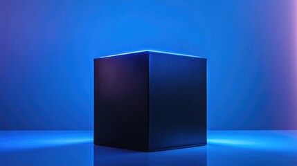 Minimalist black display box on illuminated blue background with neon accents perfect for showcasing products or promotional content