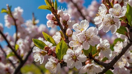 Obraz premium Close-up of delicate white and pink blossoms on a tree branch against a vibrant blue sky.