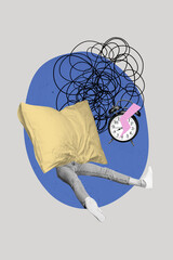 Vertical collage headless woman lying fall asleep bedtime alarm bell clock deadline morning...