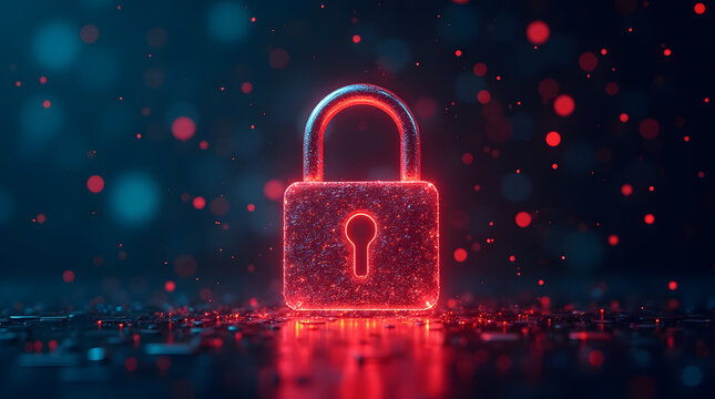 A security breach concept: glowing warning signs and data streams leaking through a digital lock