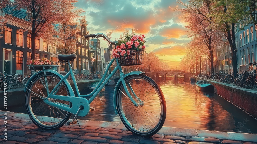 Sticker Bike with flowers by Amsterdam canal at sunset.