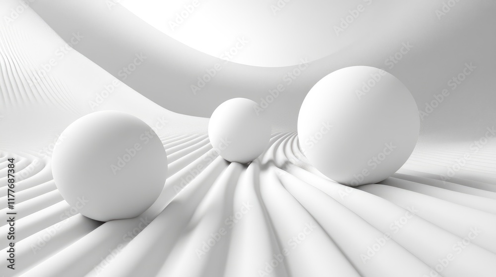 Poster fractal landscape with smooth lines and white spheres creating an infinite depth illusion in a minim