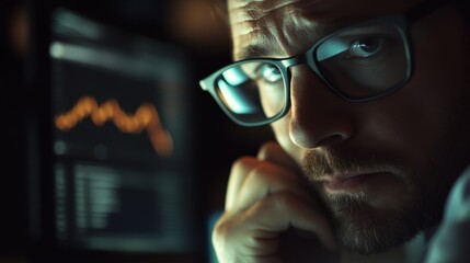 Intense Focus on Data Analysis: A Thoughtful Male Analyst in Glasses Examining Market Trends on a Dark Computer Screen with Financial Graphs and Light Reflections
