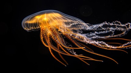 Bioluminescent jellyfish in dark water, glowing orange-gold, with long translucent tentacles.