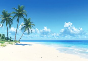 Beautiful summer background with a blue sky, white clouds, and a beach with palm trees