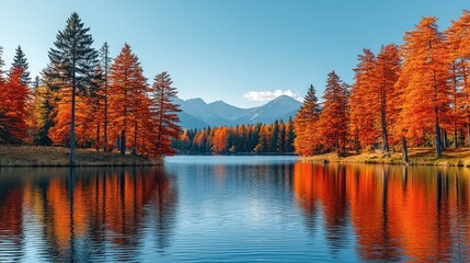 Fototapeta premium Autumnal lake reflecting vibrant red trees against mountain backdrop.