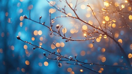 Festive Bokeh Effect with Glowing Orbs and Dewy Branches Creating a Magical Winter Atmosphere
