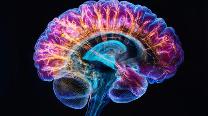 Brain hi-tech technology. Concept of human intelligence. Render illustration of the human brain. Pink style