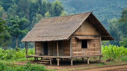 Obraz premium Traditional bamboo house in serene countryside surrounded by lush greenery and mountains showcasing rural architecture and natural beauty