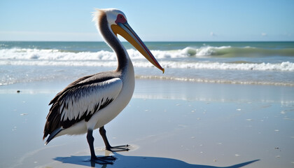 A pelican standing on the beach, harmonizing with the soothing waves and capturing the essence of wildlife in nature.