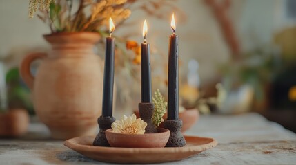 Bohemian style black candles in terracotta holders for elegant holiday and wedding decorations with flowers and natural elements