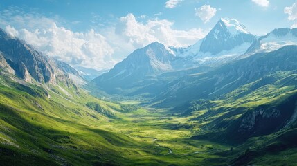 Breathtaking mountain valley landscape with lush greenery and dramatic peaks ideal for text placement and promotional materials