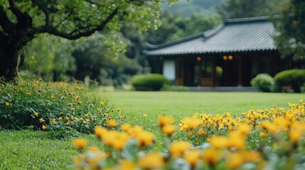 Obraz premium Scenic view of vibrant yellow flowers blooming on a green lawn with a traditional house in the background surrounded by lush trees