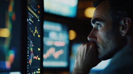 Focused Male Analyst Observing Stock Market Data on Multiple Screens in a Modern Office Environment with Graphs and Charts Highlighting Financial Trends
