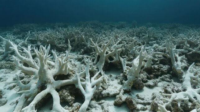 Bleached coral reef ecosystem underwater.