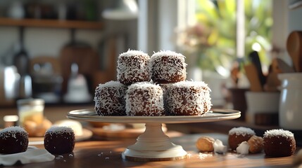 A Tempting Display of Lamingtons: Traditional Australian Dessert Artfully Arranged in a Cozy Kitchen