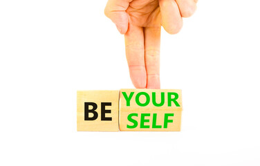 Motivational be yourself symbol. Concept words Be yourself on beautiful wooden block. Beautiful white background Businessman hand. Business motivational be yourself concept. Copy space.